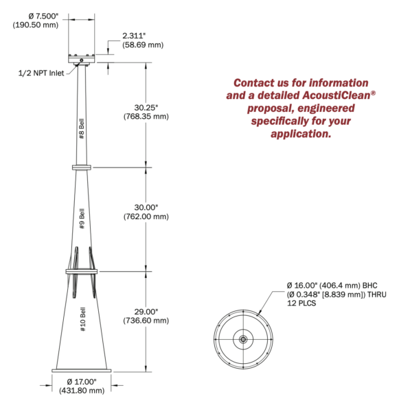 Model ACL 9475 Dimensional Drawing - AcoustiClean — Model ACL 9475 Sonic Horn - Facto Components Co., Ltd. (Thailand) - @factocomps - Flutech - @flutech.co.th - Flu-Tech Co., Ltd.