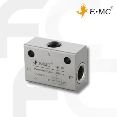 QS-08 Shuttle Valve Port size 1/8" วาล์วกันกลับ ป้องกันการไหลย้อนกลับของลมตามทิศทางที่กำหนด ยี่ห้อ EMC